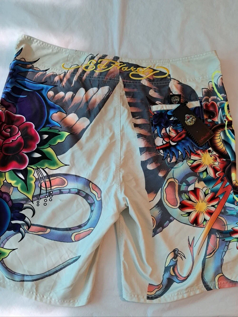 Ed Hardy White Tattoo-Print Swim Trunks NWT